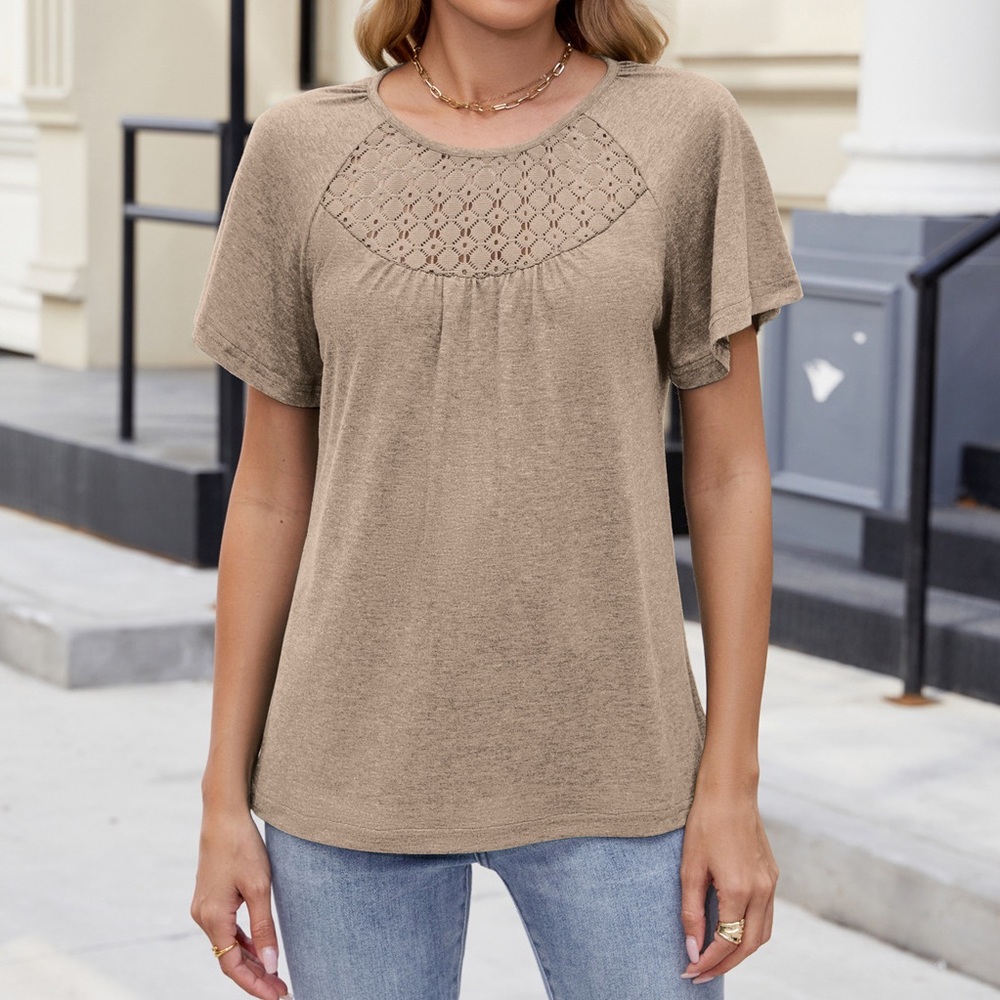 Taupe Crochet Yoke Flutter Sleeve Tee